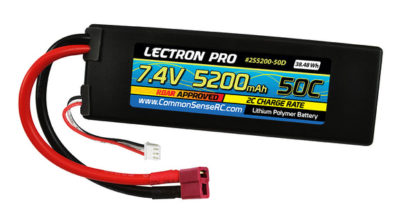 Lectron Pro 7.4V 5200mAh 50C Lipo Battery with Deans-Type Connector for 1/10th Scale Cars & Trucks - Team Associated etc. - Race Dawg RC