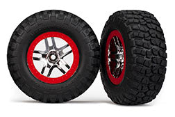 Traxxas TRA6873R   Tires & wheels, assembled, glued (S1 ultra-soft, off-road racing compound) (SCT Split-Spoke chrome, red beadlock style wheels, BFGoodrich® Mud-Terrain™ T/A® KM2 tires, foam inserts) (2) (4WD f/r, 2WD rear) - Race Dawg RC