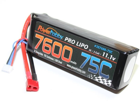 7600mAh 11.1V 3S 75C LiPo Battery with Hardwired T-Plug - Race Dawg RC