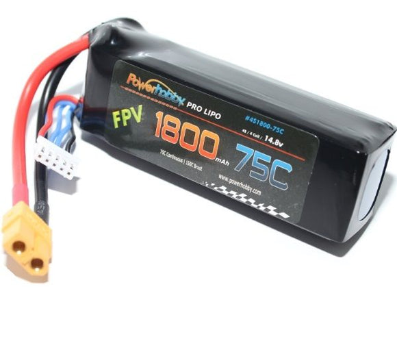 1800mAh 14.8V 4S 75C LiPo Battery with Hardwired XT60 - Race Dawg RC