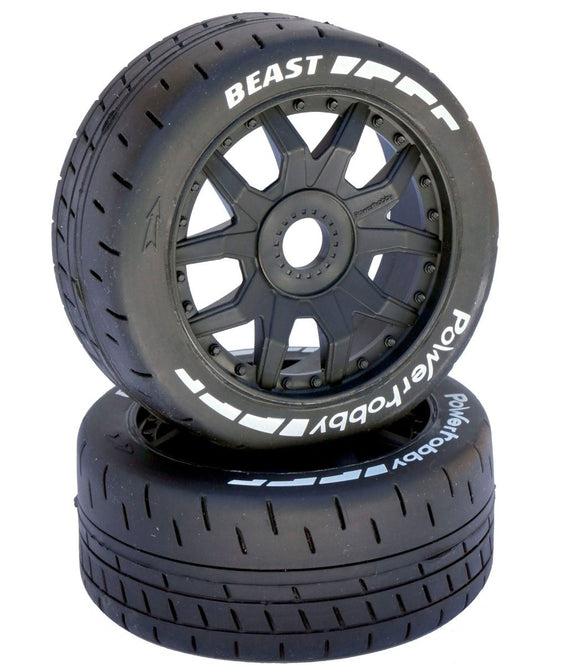 1/8 GT Beast Belted Mounted Tires 17mm Medium Black Wheels - Race Dawg RC