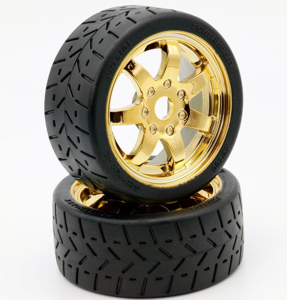1/8 Gripper 42/100 Belted Mounted Tires 17mm Gold Wheels - Race Dawg RC