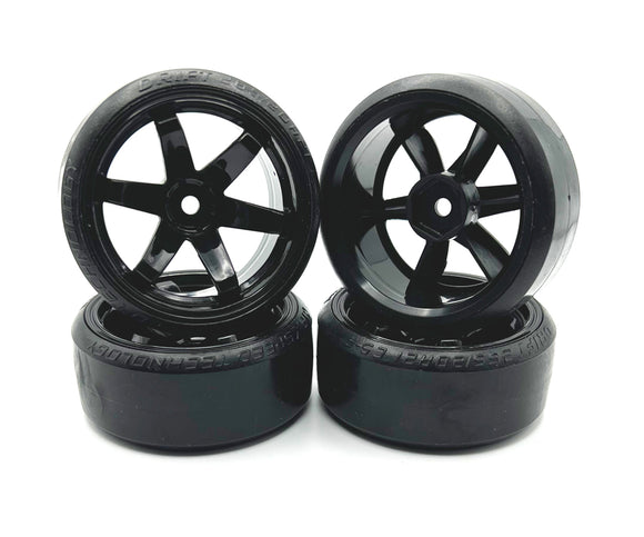 1/10 Drift Tires Mounted on Black 6 Spoke Wheels (4pcs) - Race Dawg RC